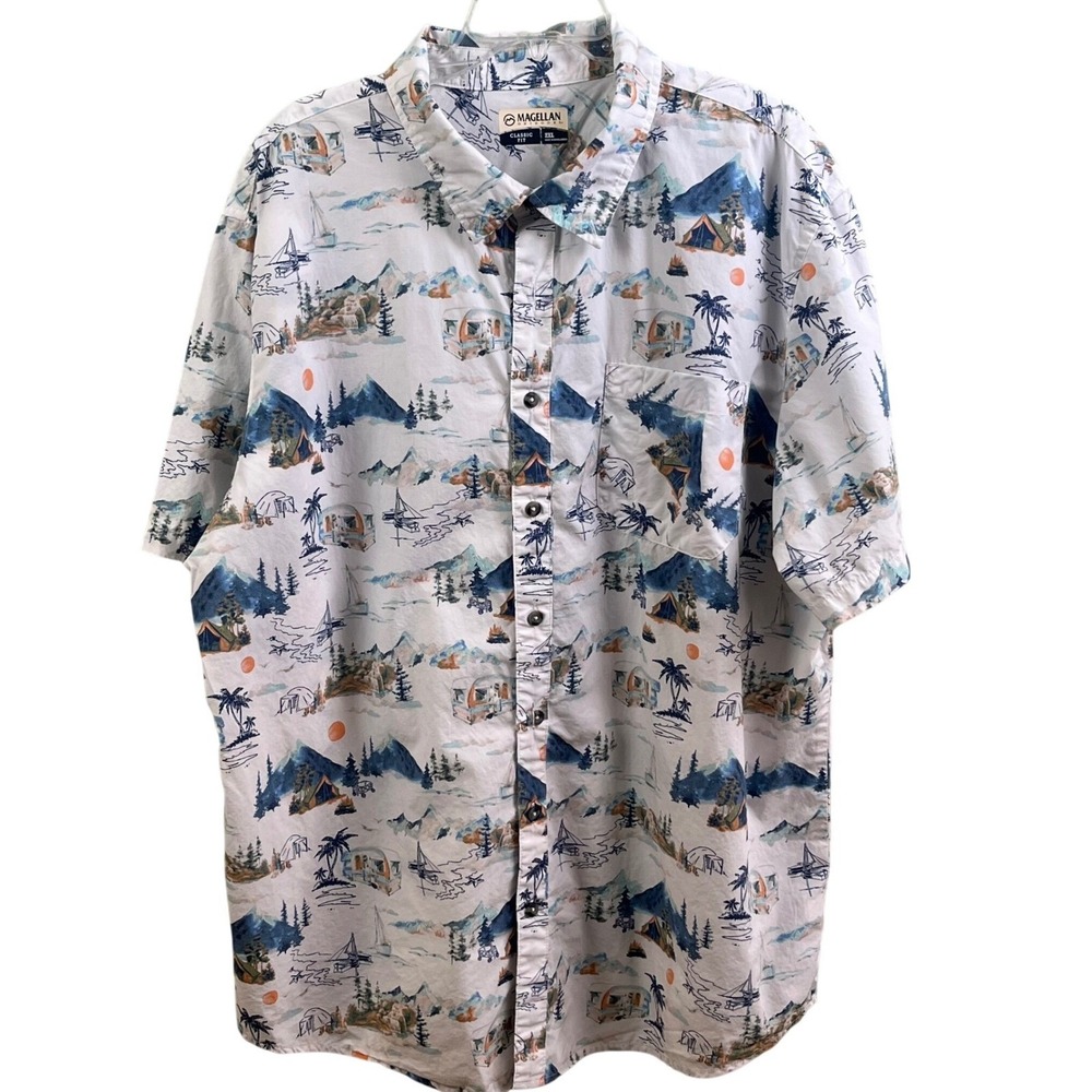 Magellan‎ Summerville Classic Fit Camping Nature Print Fishing Button Shirt 2XL